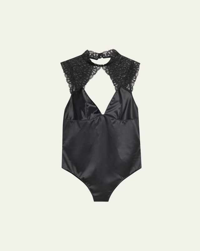 Symphonie Embroidered-Trim Satin Bodysuit